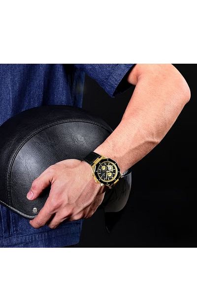 Naviforce Men's Chronograph Sports Watch – 42mm Black Dial, Rose Gold Bezel, Leather Strap, Water Resistant