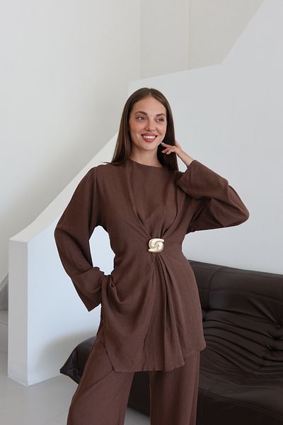 Laluvia Brown Gold Brooch Blouse Trousers Set - 8759