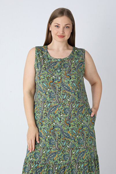 İntensive Green Patterned Strap Button Pocket Cotton Women's Plus Size Dress