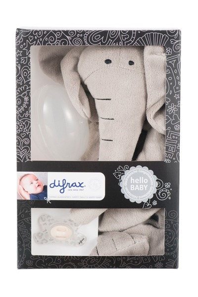 Difrax Set cadou nou-nascuti DIfrax: elefantel plus, suzeta, cutie protectie