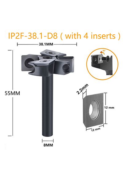 Choice IP2F-D38.1-H8 Dreanique 2-Flute Wood Planer Bit 38.1mm 45mm Cutting Diameter 8 12 mm Shank Spoilboar