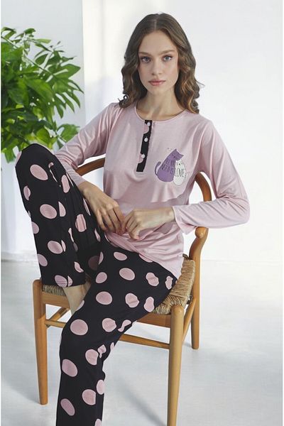 ÇağrıHome Women's 100% Cotton Fabric Pink Buttoned Bottom Six Polka Dot Pattern Long Sleeve Thin Winter Pajamas Set