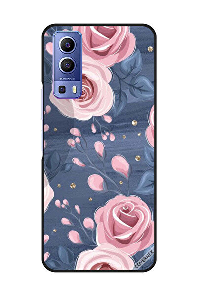 Covernex غطاء حماية لهاتف Vivo Y72 5G بنقشة ورود وردية وأوراق رمادية داكنة