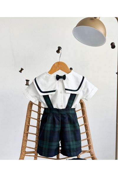 Sis and Bro Blue-Green Plaid Shorts Salopet - Shirt