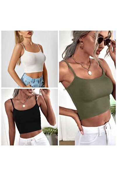 Lorya Giyim Kadın 3'lü Paket İNCE ASKILI Fitilli Crop Basıc ATLET bluz