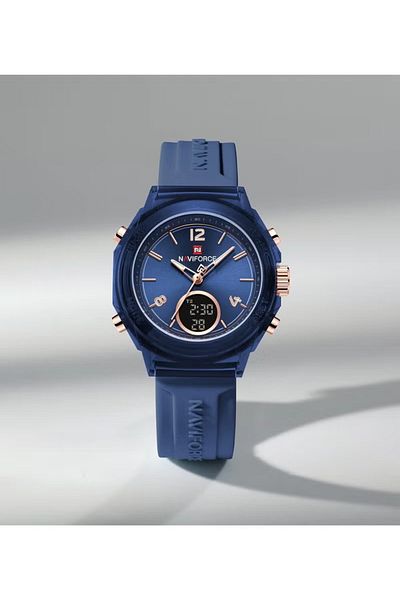 Naviforce Dual Display Sport Watch – 35mm Blue & Rose Gold, Analog-Digital, Waterproof, Silicone Strap