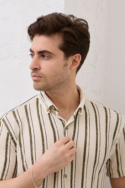 RAVANELLI Ανδρικό πουκάμισο με ριγέ κοντομάνικο Slim Fit