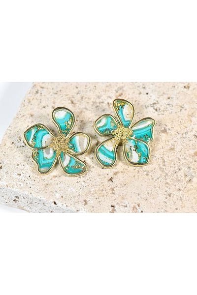 NARRU Handmade NARRU earrings, flower with metal edge, turquoise green, white and gold, Ava