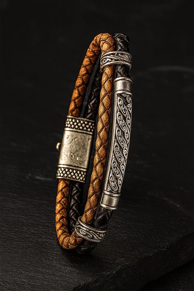 OSMANLI GÜMÜŞ Silver Patterned Double Color Leather Men's Bracelet – Black Tan Braid