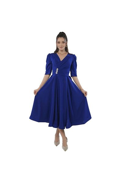 Nice Model Elegant Soft Crepe Midi Dress with Side Accessory - Long Sleeve Women's Formal Evening Wear