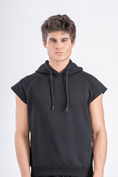 GMESG Erkek Kapüşonlu Kolsuz Hoodie Sweatshirt - Siyah - Üç İplik, Spor ve Gü...