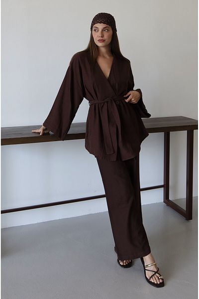 Laluvia Brown Cotton Kimono and Wide Leg Pants Set