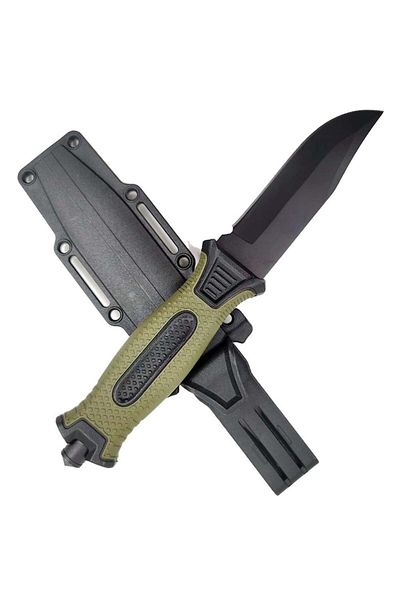 dalimag Cuțit de vânătoare cu teacă pentru camping, lamă de oțel, mâner verde antiderapant, spargător de sticlă, 25 cm, Da