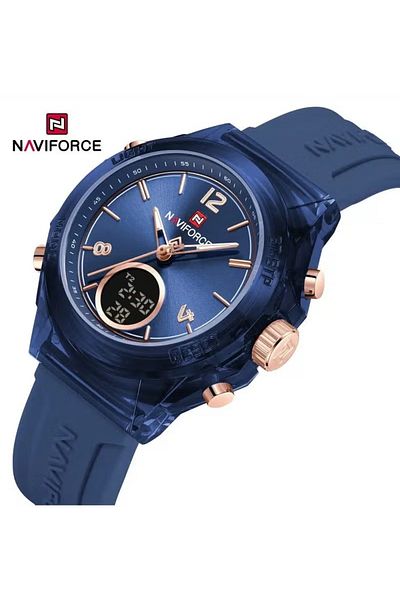 Naviforce Dual Display Sport Watch – 35mm Blue & Rose Gold, Analog-Digital, Waterproof, Silicone Strap