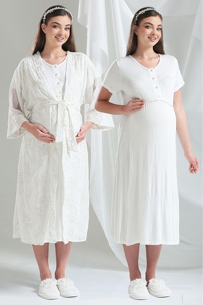 Lohussa Ecru Jacquard Gilded Design Embroidered 100% Cotton Summer Maternity Maternity Dressing Gown Nightgown Set
