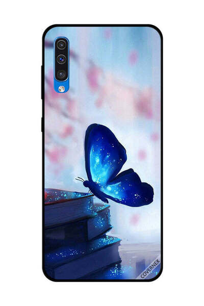 Covernex غطاء حماية لهاتف سامسونج جالاكسي A50 - فراشة زرقاء داكنة على الكتب