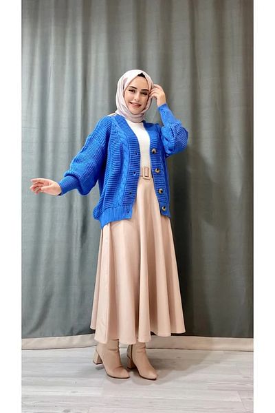 POİNE Hair Braided Balloon Sleeve Knitwear Winter Buttoned Women's Cardigan