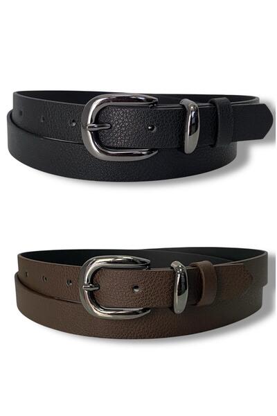 Gesa Ανδρική αγκράφα από τεχνητό δέρμα νικέλιο λεπτό old money μαύρο-καφέ σετ 2 ζώνη 2,5 cm