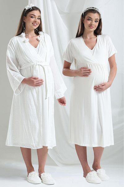 Lohussa Ecru Linen Special Design Double Breasted Collar 100% Cotton Summer Maternity Maternity Dressing Gown Nightgown Set