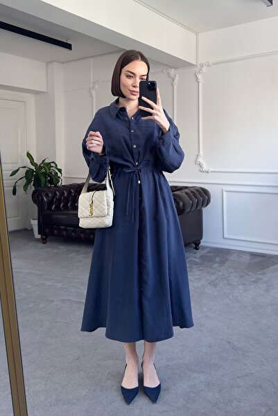 MAGARDE فستان بياقة قميص برباط على الخصر - أزرق داكن