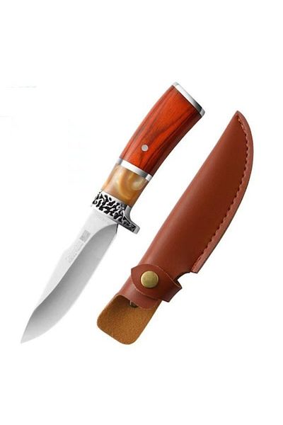 dalimag Cuțit de camping și vânătoare cu mâner din os, lamă de oțel, teacă de piele, maro, 21 cm, Dalimag