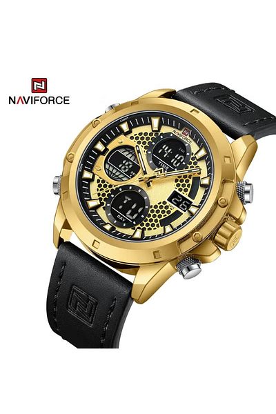 Naviforce Men's Sport Analog-Digital Watch – 46mm Leather Strap, Stopwatch, Alarm, Water Resistant