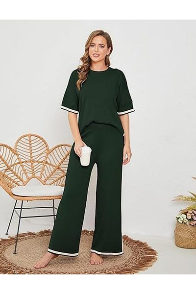 fulina Women Sweater Set ,Outfits Short Sleeve Knit Pullover Tops , Lounge Sets,2 Piece,L