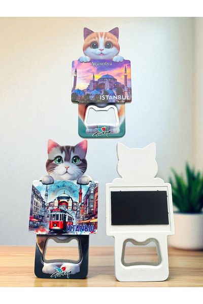 GALATA GIFT Cat Shaped Bottle Opener Magnet Istanbul Photo Holding Cat Magnet-Soda-Soda-Bottle Opener/2 Pcs