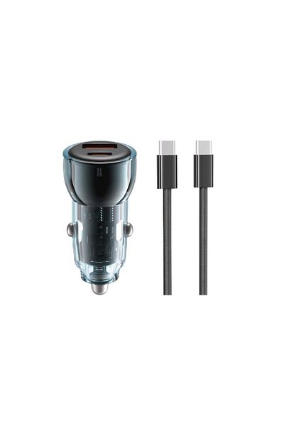 OEM Car Charger PD, 60W, 3A, 1xUSB/1xUSB-C + USB-C to USB-C Cable, Blue