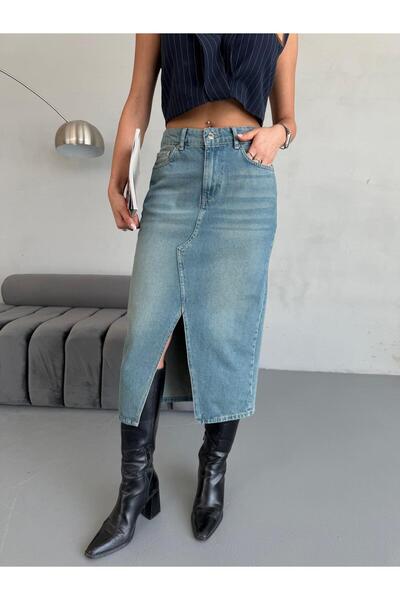 Zeo Basic KADIN MİDİ BOY ÖN YIRTMAÇLI TİNT MAVİ KOT ETEK