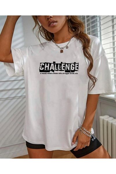 khufu Tricou oversize din bumbac cu imprimeu CHALLENGE, cu croiala confortabila, unisex