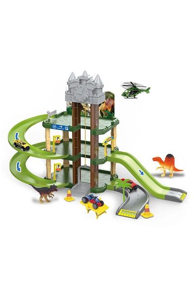 dalimag Interactive Dinosaur Parking Lot Toy with 57 Pieces, Racing Track 40 cm, Dark Green