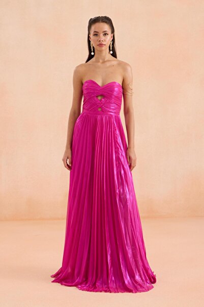 Carmen Fuşya Straplez Yırtmaçlı Laklı Şifon Abiye Elbise