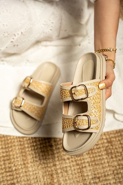 LAMİNTA Bred Women's Straw Detailed Buckle Thick Sole Slippers