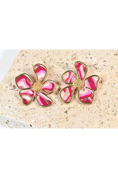 NARRU Handmade NARRU earrings, flower with metal edge, pink, white and gold, Ava
