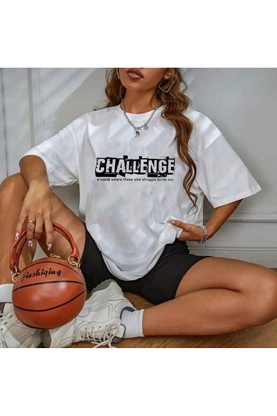 khufu Tricou oversize din bumbac cu imprimeu CHALLENGE, cu croiala confortabila, unisex
