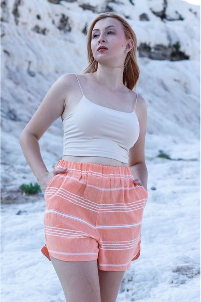 ROZET TEKSTİL Cotton Beach Shorts with Pockets and Elastic Waistline Stripes