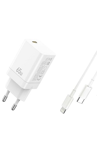 OEM Incarcator Retea, 220V, 3A, 65W PD, Incarcare Rapida, Port USB-C + Cablu USB-C - Lightning, Alb
