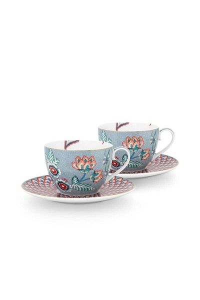Pip Studio Festival Flower Blue Set 2 Tea/Cappuccino Cups with Saucers