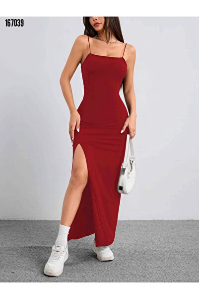 Modayakamoz Yırtmaç Detaylı Kadın Elbise Janjan Krep Kumaş İp Askılı Model