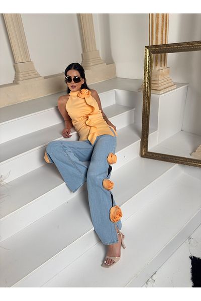 1Moda1Tarz Top Imported Lined Scuba Fabric Rose and Shawl Detail Blouse Bottom Imported Denim Side Rose Detail Special Design Suit