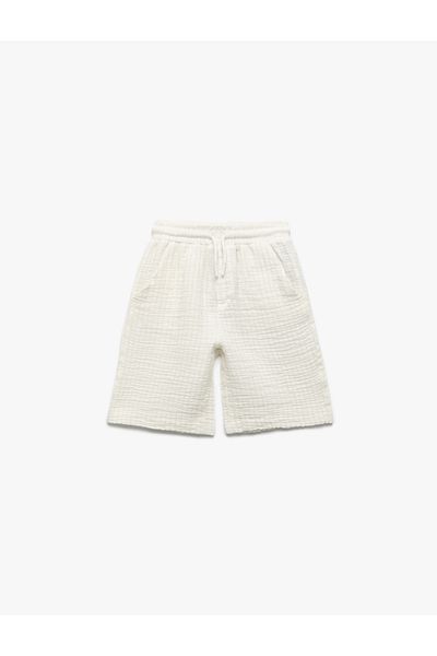 Koton Cotton Basic Muslin Shorts with Lace-Up Pockets at the Waist