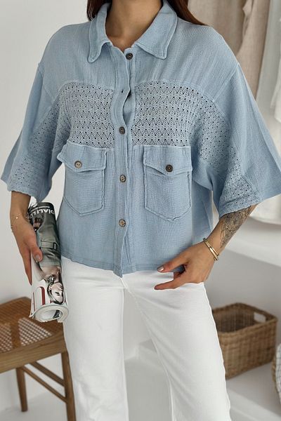 FEMELLE Women's Blue Standard Size Bat Sleeve Mesh Lace Detail Poncho Shirt