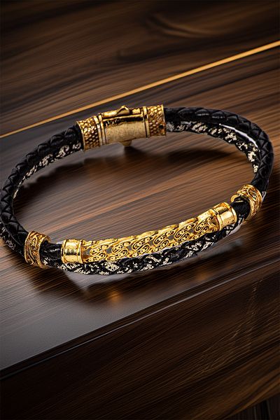 OSMANLI GÜMÜŞ Gold Embroidered Double Braided Black Leather Men's Bracelet