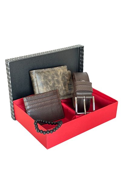 Tisaati Premium Series Special Boxed Luxury Leather Horizontal Wallet Belt and Bracelet Men's Set