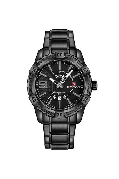 Naviforce Stylish Mens Quartz Watch with Black Dial Stainless Steel Strap Analog Display Water Resistant