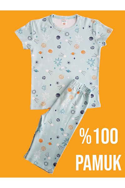 çamaşır bahçesi kendinize iyi bakın 100% Cotton Unisex Kids Capri Set # Printedchildcapritakim # Blue Space Patternlitakım # Laundry Garden