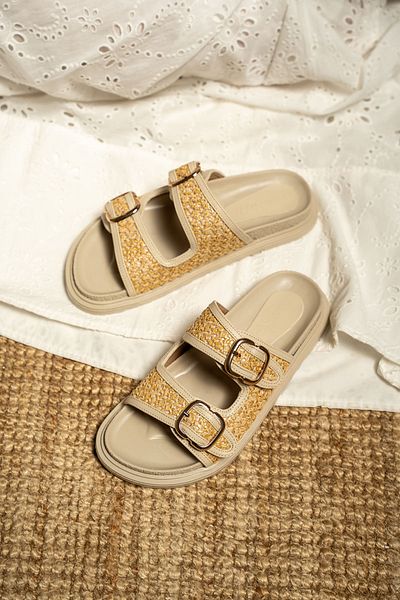 LAMİNTA Bred Women's Straw Detailed Buckle Thick Sole Slippers