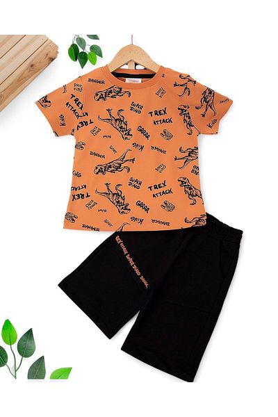 VOY KİDS Boy's Summer Dinosaur Printed 6-7-8-9-10 Years Old Single Bottom Top Shorts Set