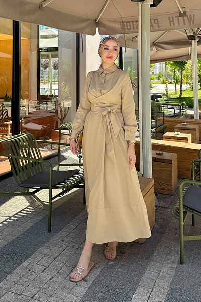 Tesettür Diyarı Women's Shirt Collar Tie Detailed Dress